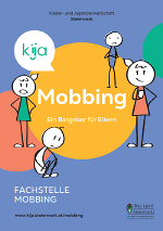 Großer, gelber Kreis mit weißer Schrift: Mobbing Ein Ratgeber für Eltern. Vier gezeichnete Figuren mit verschiedenen Emotionen