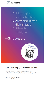 Vorderseite Folder: Ankündigung der App „ID Austria“ zur digitalen Identifizierung und Unterschrift. QR-Code für den Download.