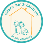 Logo EKIZ Voitsberg in Form des Schriftzuges und einer Zeichnung einer Familie, darüber ein Haus.
