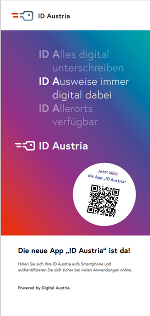 Vorderseite Folder: Ankündigung der App „ID Austria“ zur digitalen Identifizierung und Unterschrift. QR-Code für den Download.