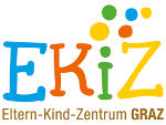 Logo Eltern-Kind-Zentrum Graz in Form des Wortlautes in bunten Buchstaben und Punkten 
