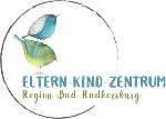 Logo vom Eltern-Kind-Zentrum Region Bad Radkersburg mit dem Wortlaut und einem Kreis, darin befinden sich zwei Vögel