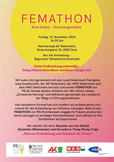 Einladung FEMATHON am 15.11.2024, 16-20 Uhr im Kammersaal der AK Steiermark. 