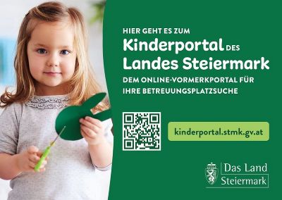 Werbesujet des Kinderportals des Landes Steiermark, dem Onlineportal zur Vormerkung für Ihren Kinderbetreuungsplatz in der Steiermark https://kinderportal.stmk.gv.at