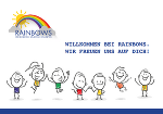 Sieben gezeichnete kindliche Figuren fröhlich hüpfend und stehend. Darüber der Schriftzug: Willkommen bei Rainbows, wir freuen uns auf dich!