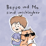 Lila Hintergrund gezeichnete Figuren: Kind mit Zahnlücke und und Katze mit Sonnenbrille. Schrift: Beppo und Mo sind unschlagbar