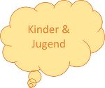 Gelbe Sprechblase mit orangem Schriftzug: Kinder & Jugend